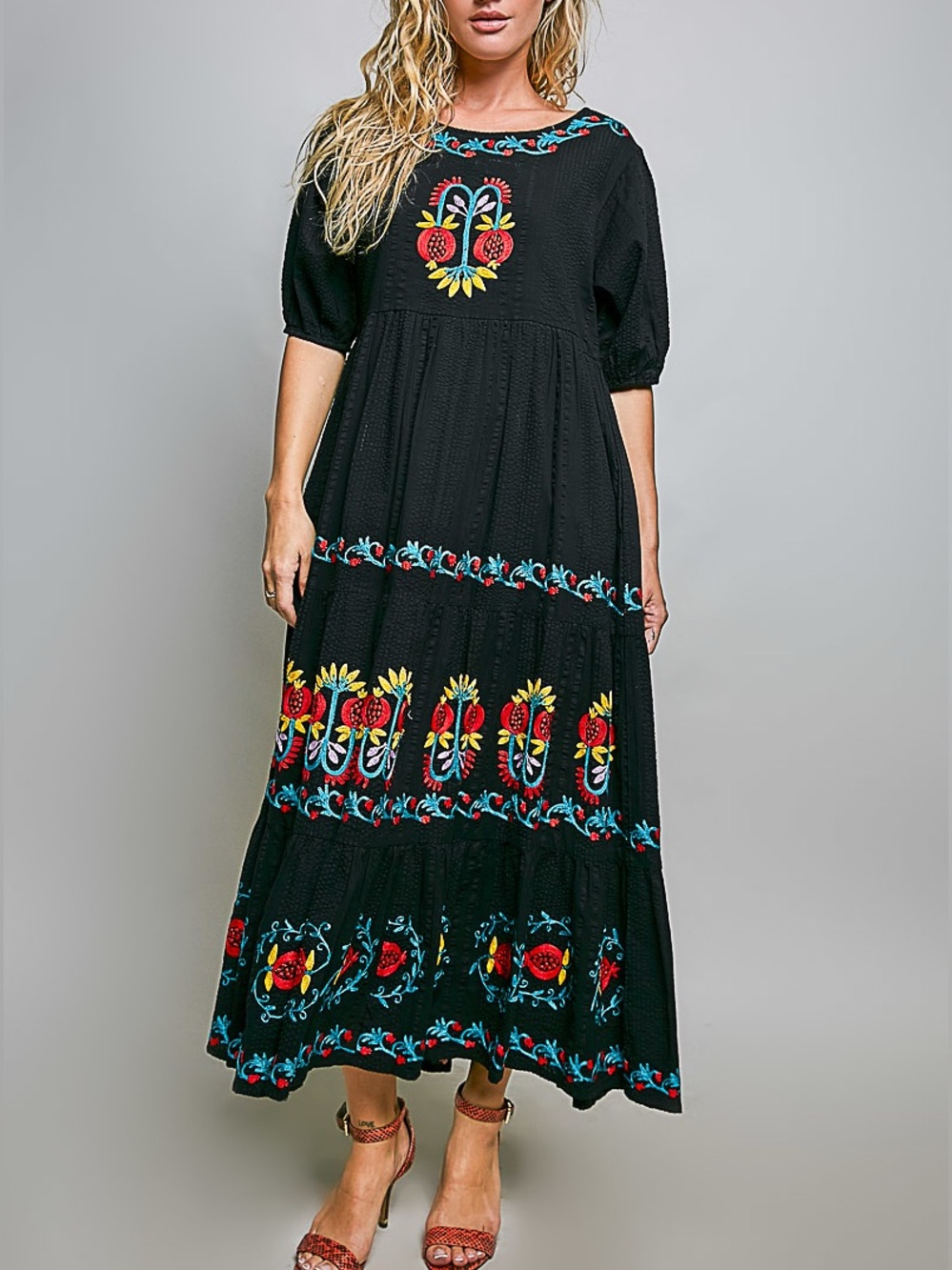Puffed Sleeves Round Neck Embroidered
Cotton Long Dress